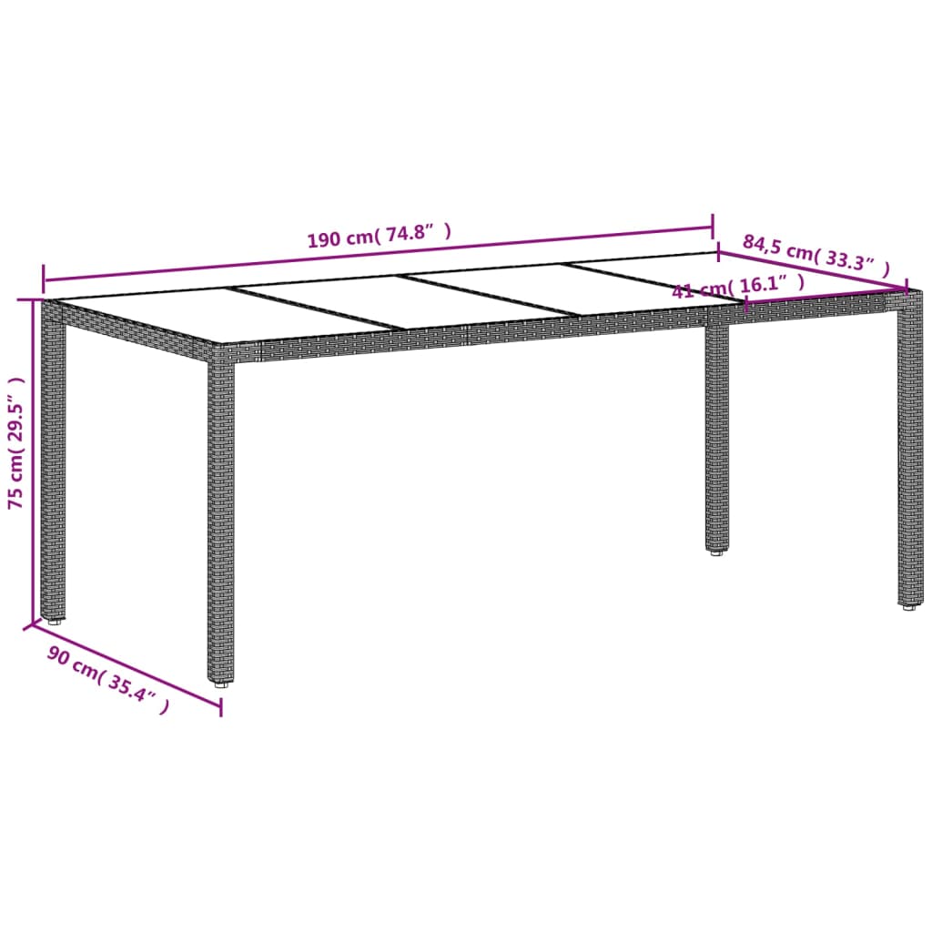 Tuintafel met glazen blad 190x90x75 cm poly rattan lichtgrijs - AllerleiShop