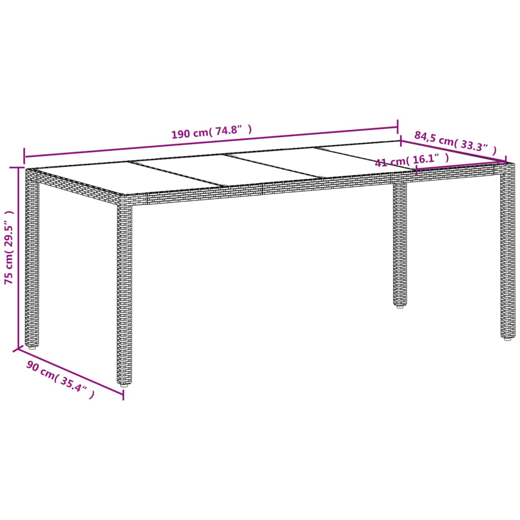 Tuintafel met glazen blad 190x90x75 cm poly rattan wit - AllerleiShop