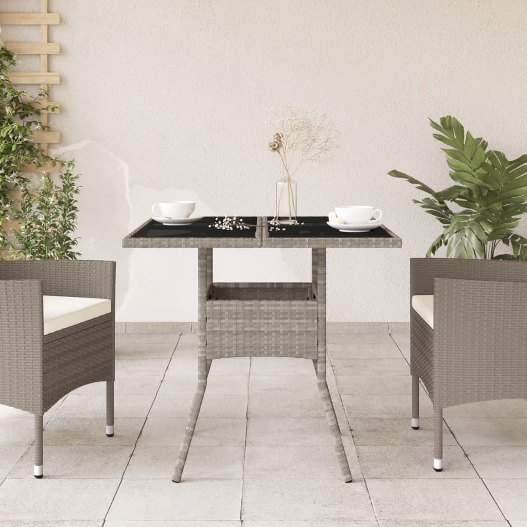 Tuintafel met glazen blad 80x80x75 cm poly rattan lichtgrijs - AllerleiShop