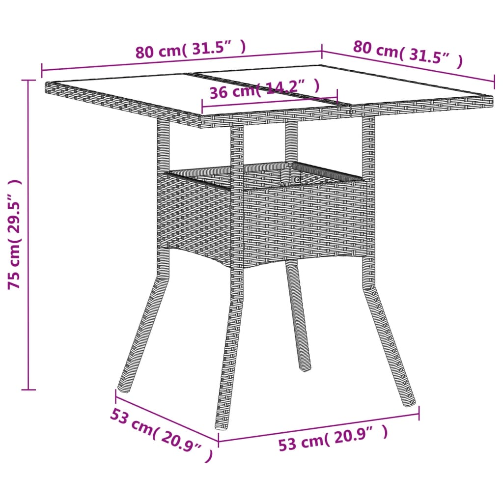 Tuintafel met glazen blad 80x80x75 cm poly rattan lichtgrijs - AllerleiShop