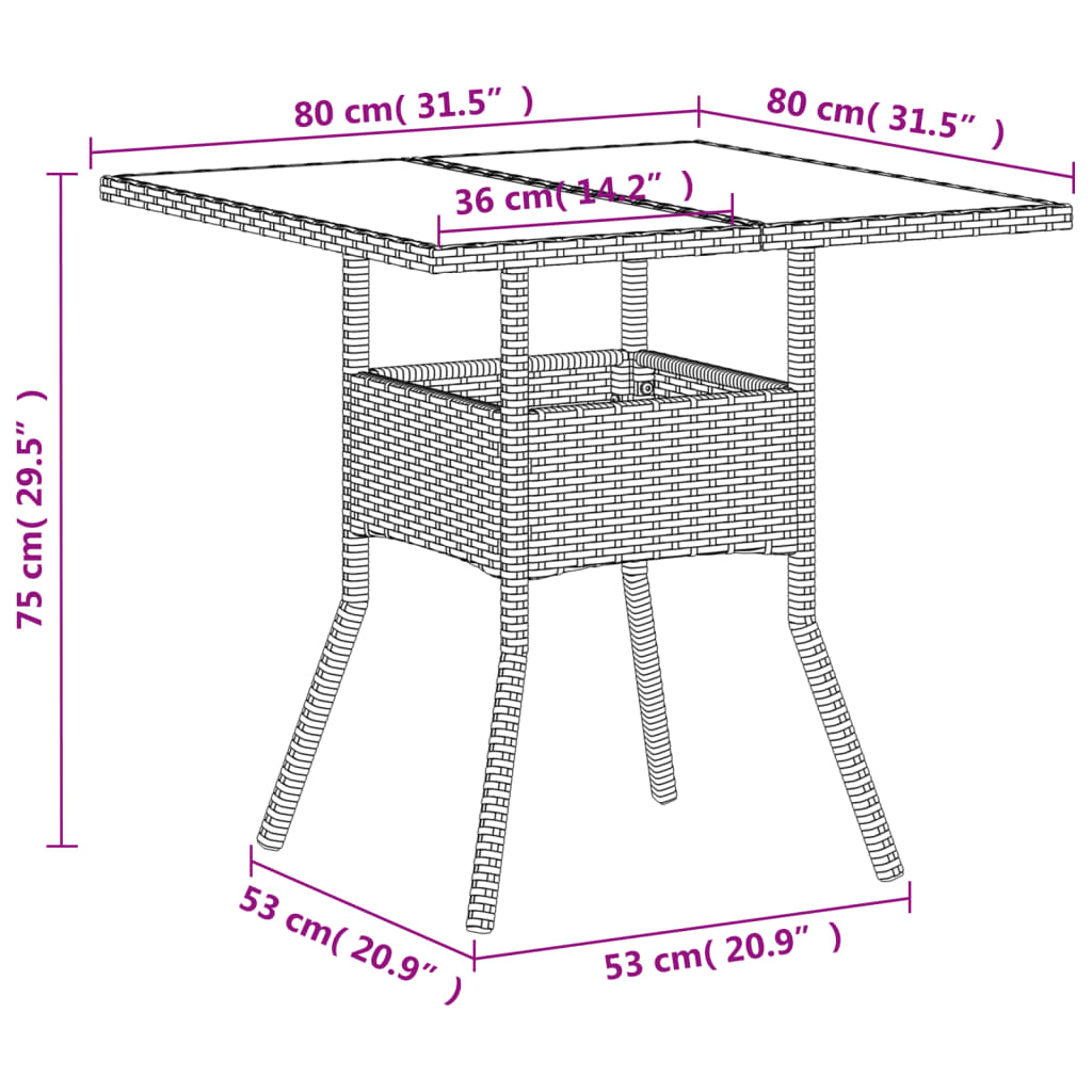 Tuintafel met glazen blad 80x80x75 cm poly rattan wit - AllerleiShop