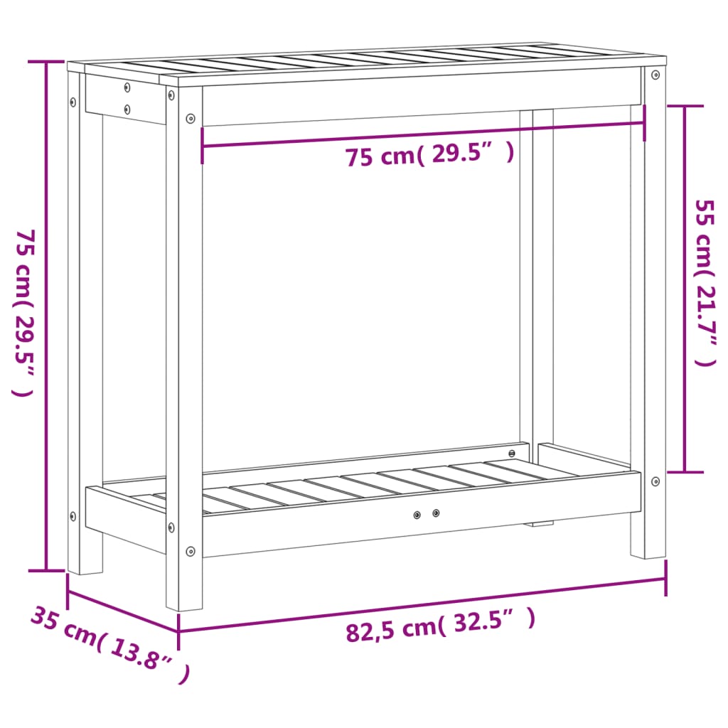 Oppottafel met schap 82,5x35x75 cm massief grenenhout