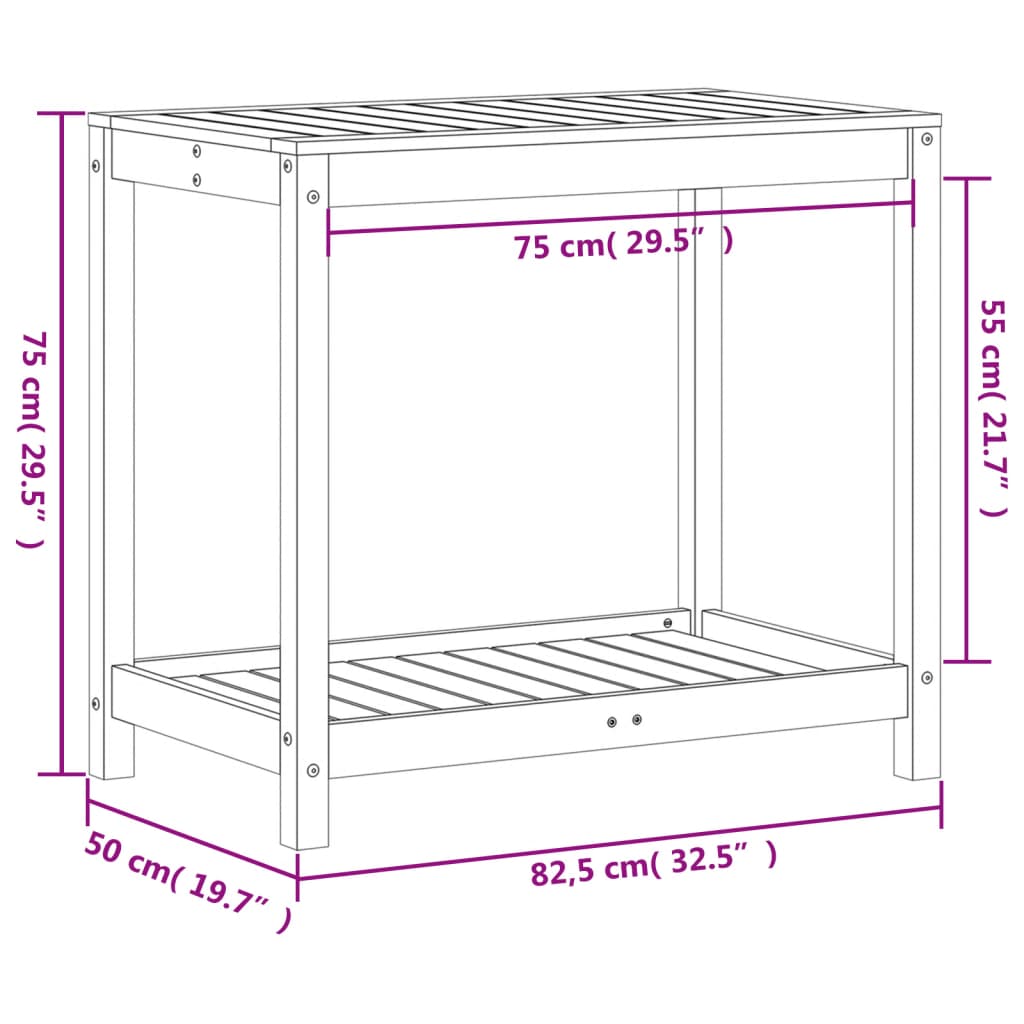 Oppottafel met schap 82,5x50x75 cm massief grenenhout