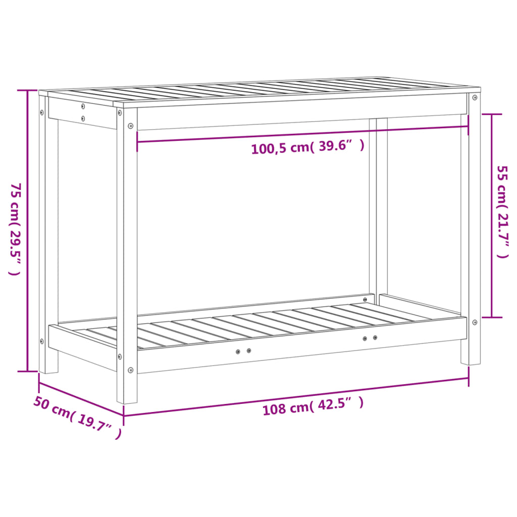 Oppottafel met schap 108x50x75 cm massief grenenhout