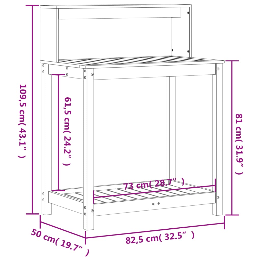 Oppottafel met schappen 82,5x50x109,5 cm massief grenenhout