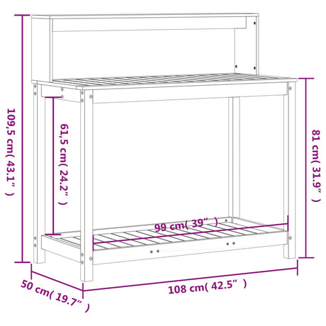 Oppottafel met schappen 108x50x109,5 cm massief grenenhout