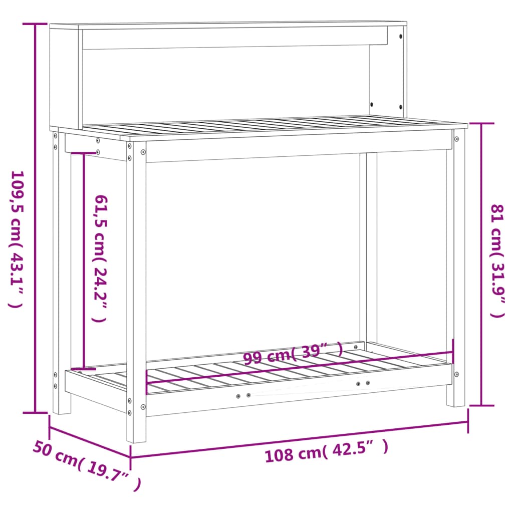 Oppottafel met schappen 108x50x109,5 cm massief grenenhout wit