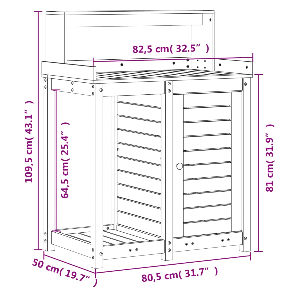 Oppottafel met schappen 82,5x50x109,5 cm massief grenenhout