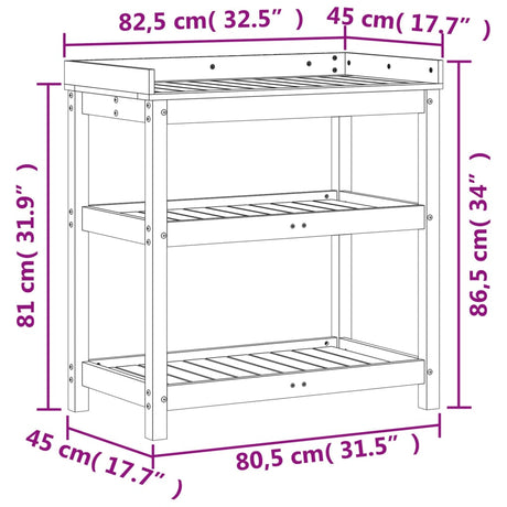 Oppottafel met schappen 82,5x45x86,5 cm massief grenenhout