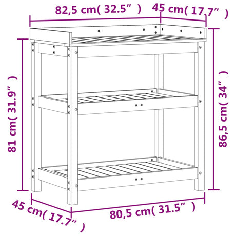 Oppottafel met schappen 82,5x45x86,5 cm massief douglashout