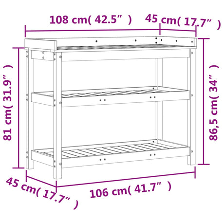 Oppottafel met schappen 108x45x86,5 cm massief grenenhout