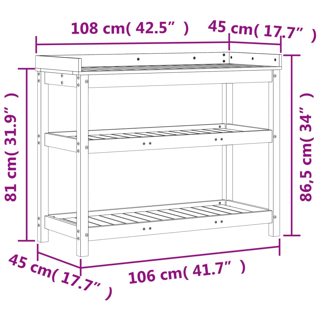 Oppottafel met schappen 108x45x86,5 cm massief douglashout