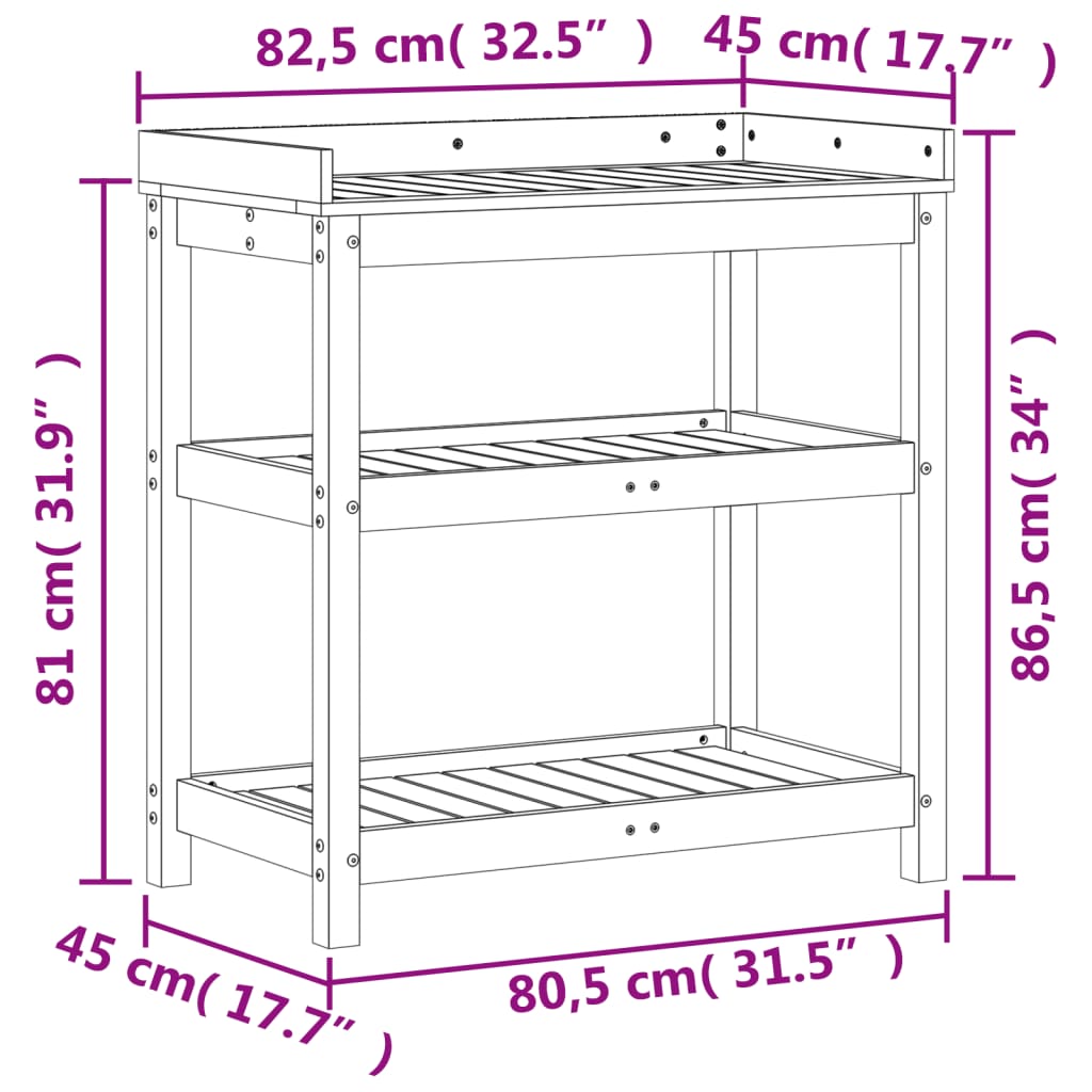 Oppottafel met schappen 82,5x45x86,5 cm grenenhout bruin