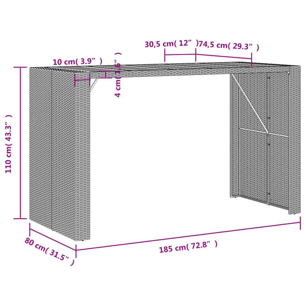 Tuinbartafel acaciahouten blad 185x80x110 cm poly rattan zwart - AllerleiShop