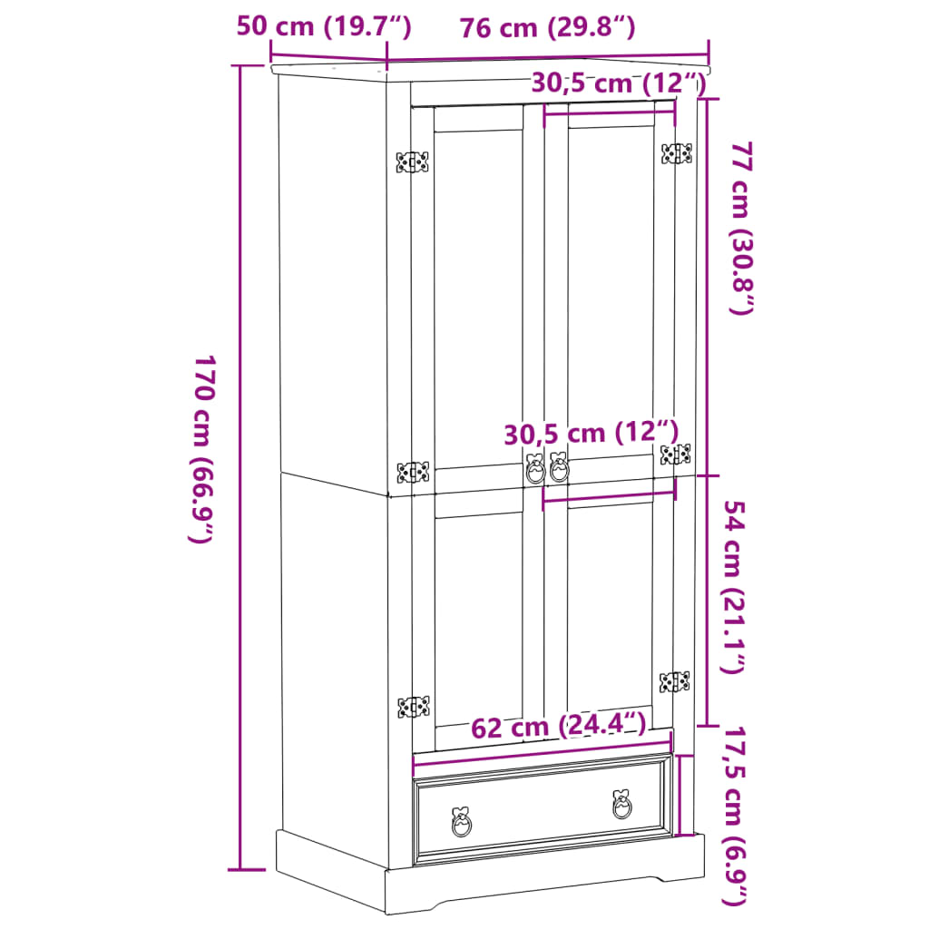 Kledingkast Corona 76x50x170 cm massief grenenhout - AllerleiShop