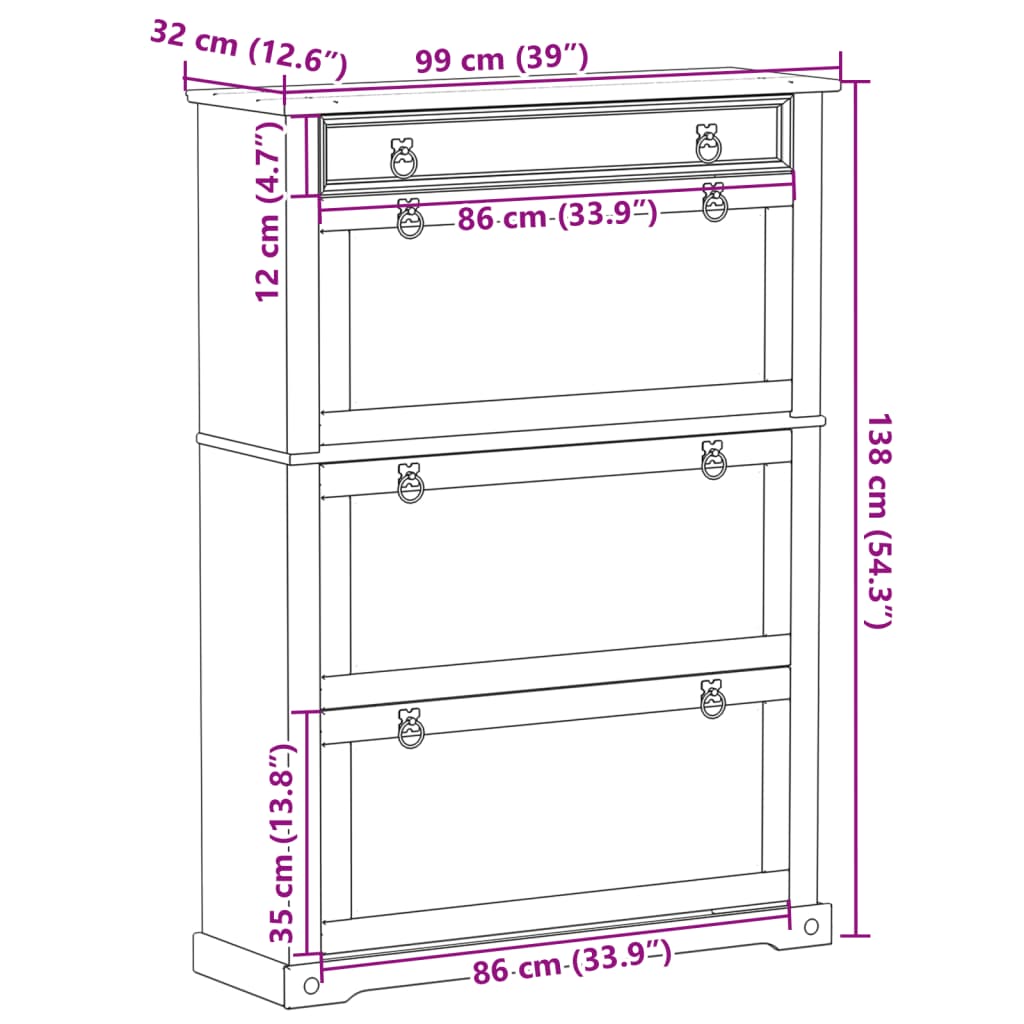 Schoenenkast Corona 99x32x138 cm massief grenenhout - AllerleiShop