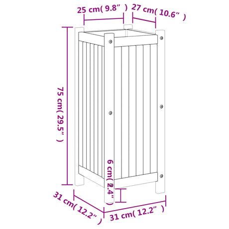 Plantenbak met voering 31x31x75 cm massief acaciahout - AllerleiShop