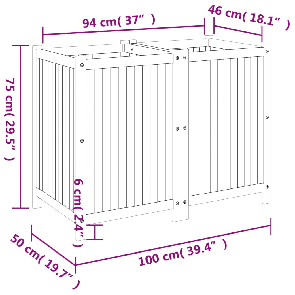 Plantenbak met voering 100x50x75 cm massief acaciahout - AllerleiShop