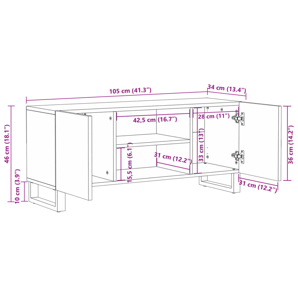 Tv-meubel 105x34x46 cm massief ruw mangohout - AllerleiShop