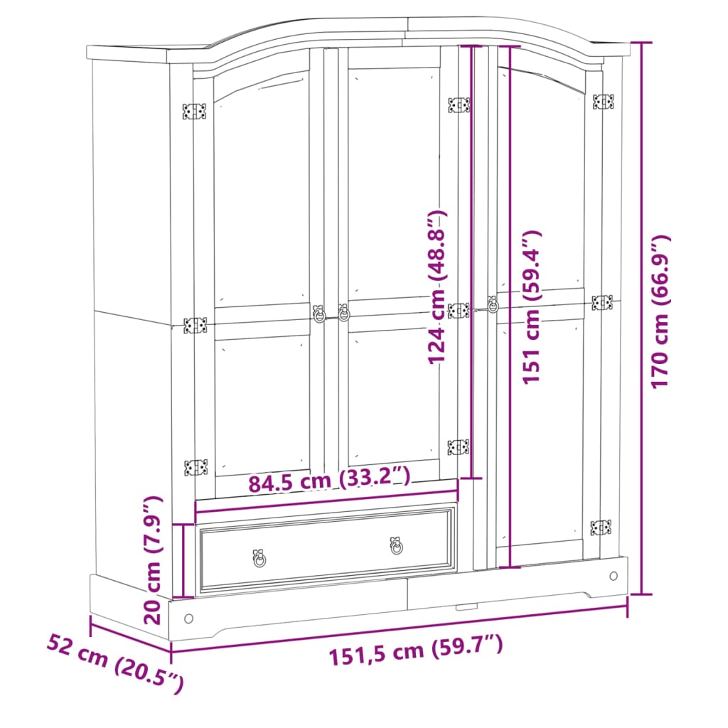 Kledingkast Corona 151,5x52x170 cm massief grenenhout - AllerleiShop