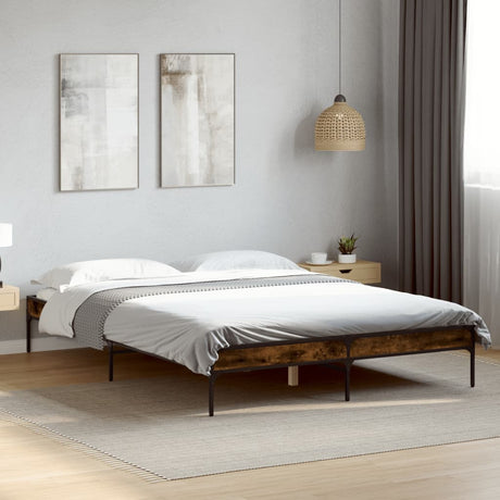 Bedframe bewerkt hout metaal gerookt eikenkleurig 135x190 cm
