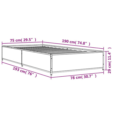 Bedframe bewerkt hout en metaal gerookt eikenkleurig 75x190 cm