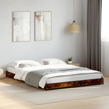Bedframe bewerkt hout metaal gerookt eikenkleurig 140x190 cm