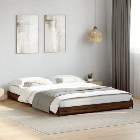 Bedframe bewerkt hout metaal bruin eikenkleur 135x190 cm
