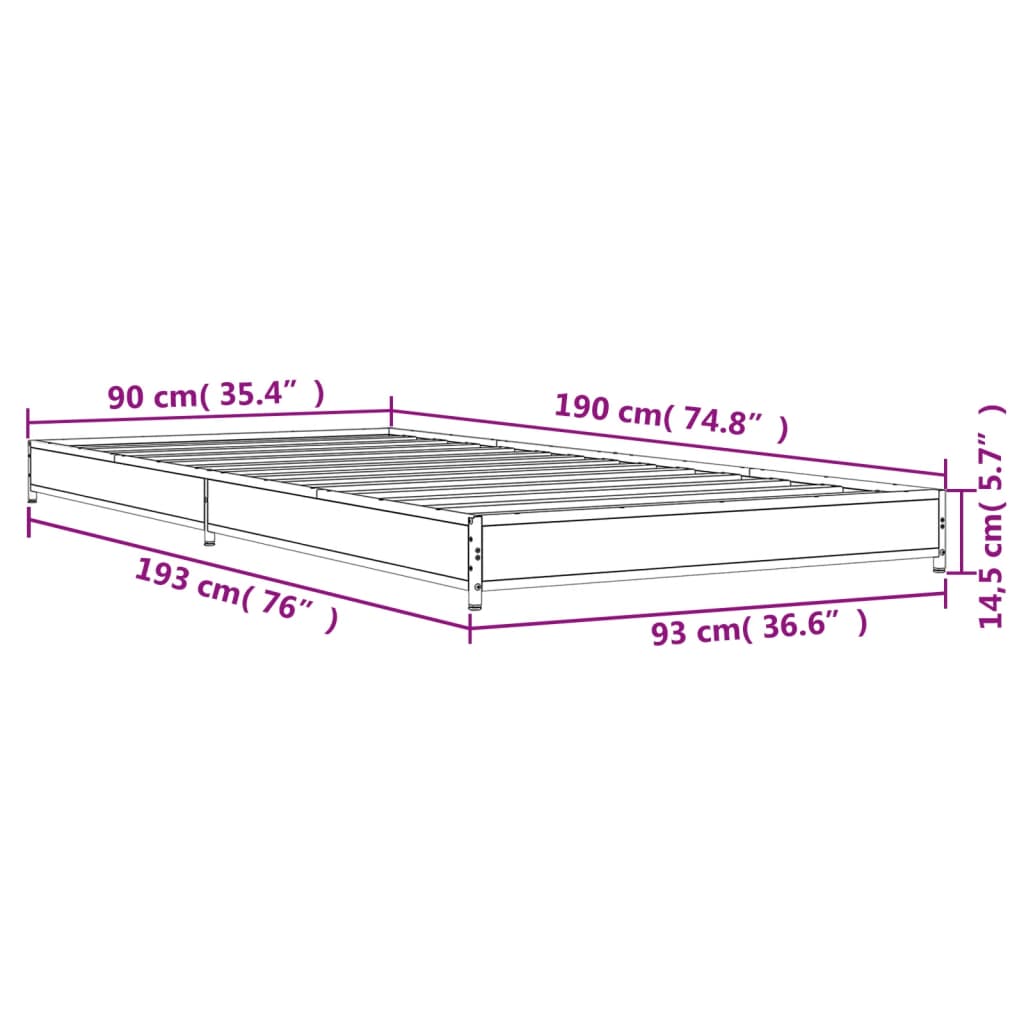 Bedframe bewerkt hout en metaal grijs sonoma eiken 90x190 cm