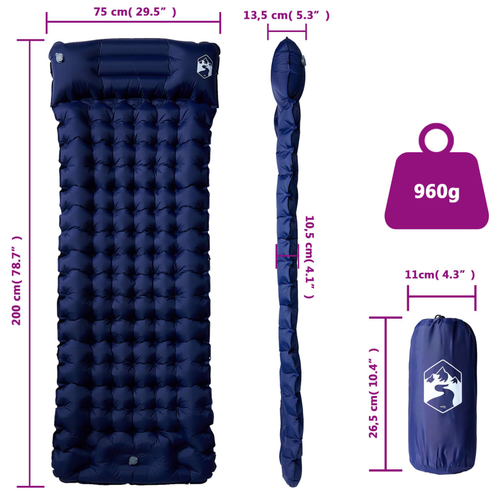 Kampeermatras met kussen zelfopblazend 1-persoons marineblauw - AllerleiShop