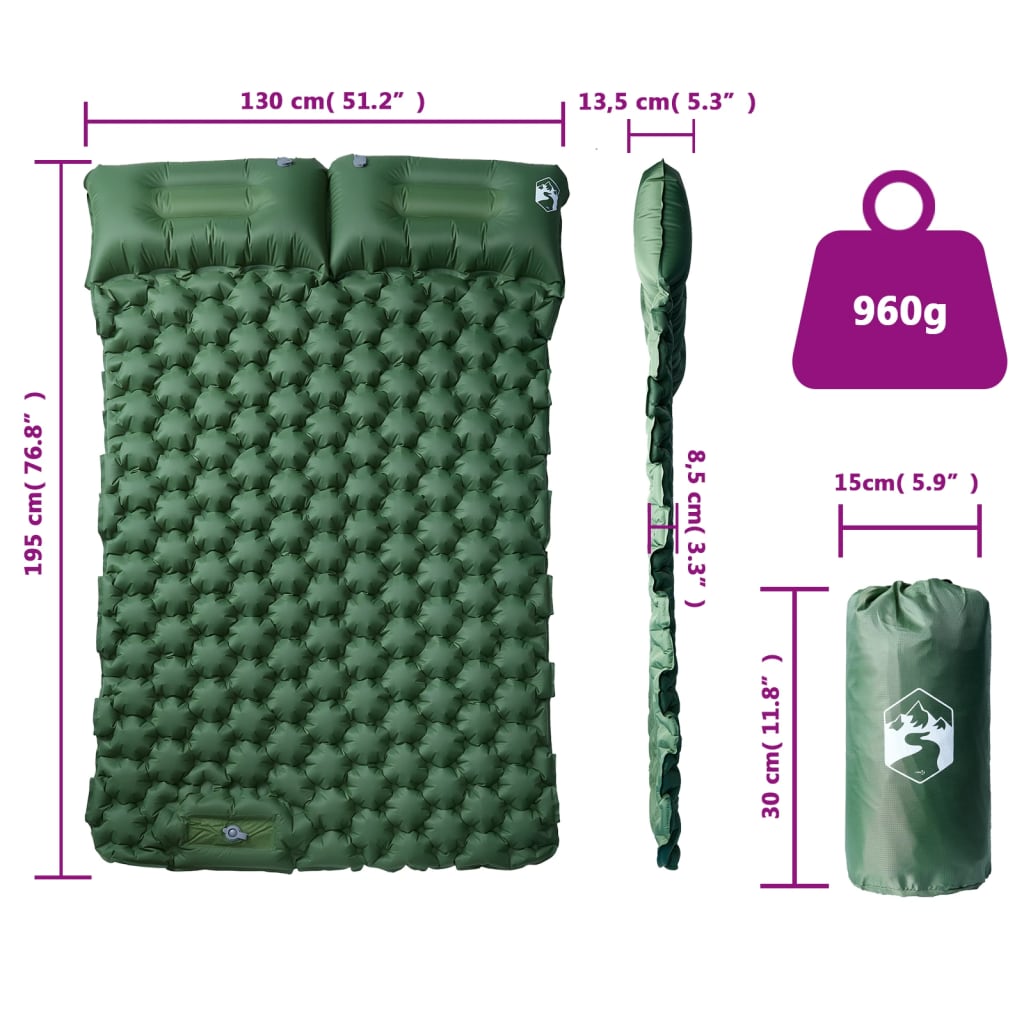 Kampeermatras met kussens zelfopblazend 2-persoons groen