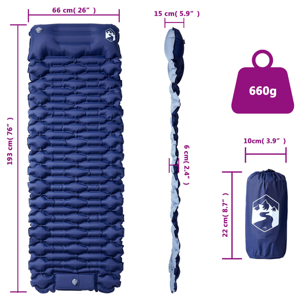 Kampeermatras met kussen zelfopblazend 1-persoons marineblauw - AllerleiShop