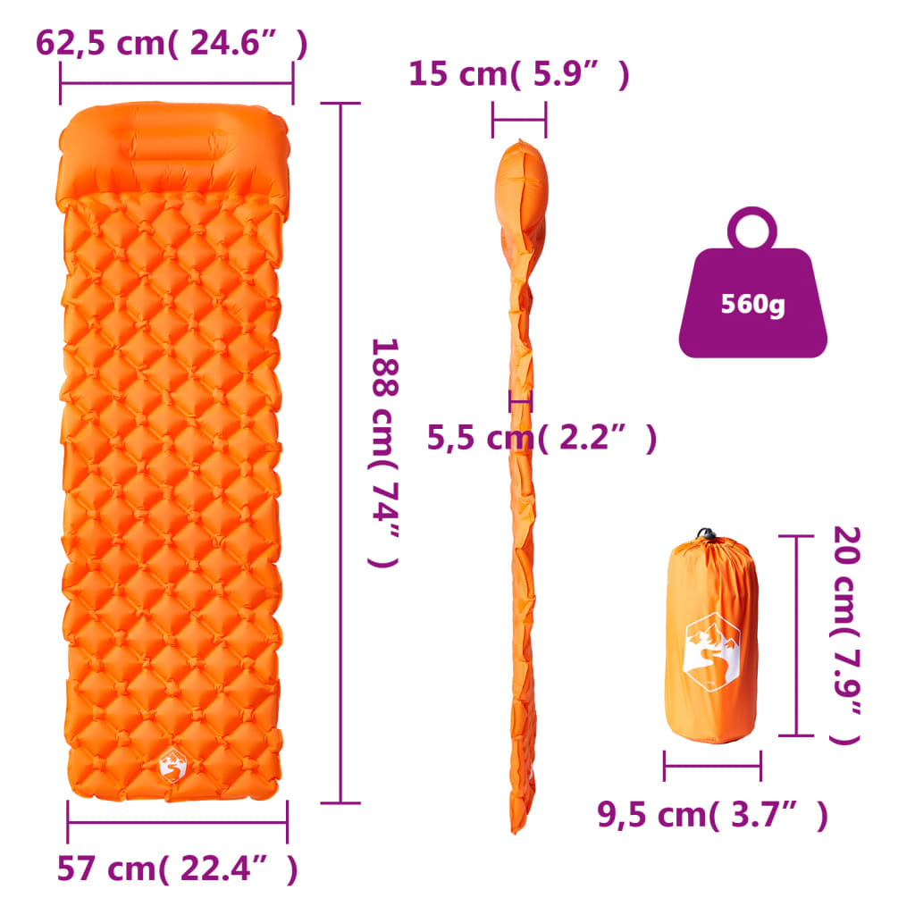 Kampeermatras met kussen opblaasbaar 1-persoons oranje - AllerleiShop