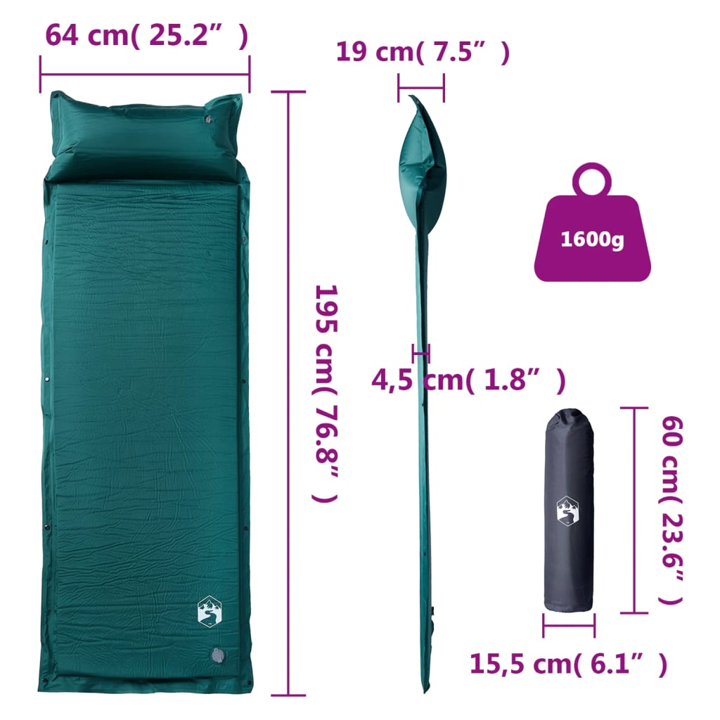 Kampeermatras met kussen zelfopblazend 1-persoons groen - AllerleiShop