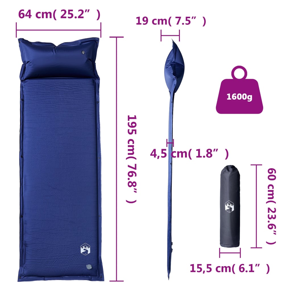 Kampeermatras met kussen zelfopblazend 1-persoons marineblauw - AllerleiShop