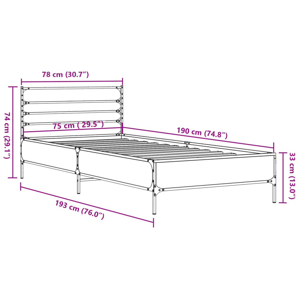 Bedframe bewerkt hout en metaal bruin eikenkleurig 75x190 cm - AllerleiShop