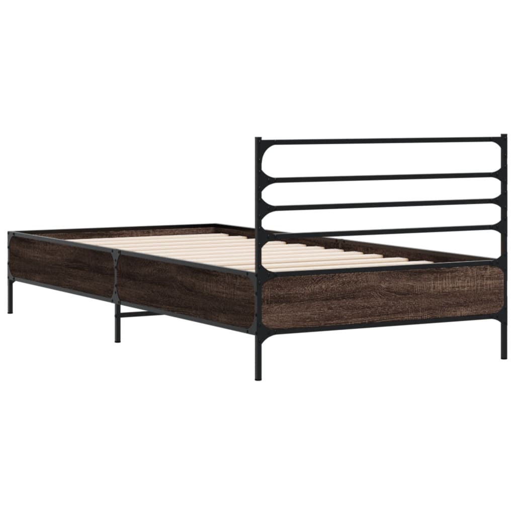 Bedframe bewerkt hout en metaal bruin eikenkleurig 90x190 cm - AllerleiShop