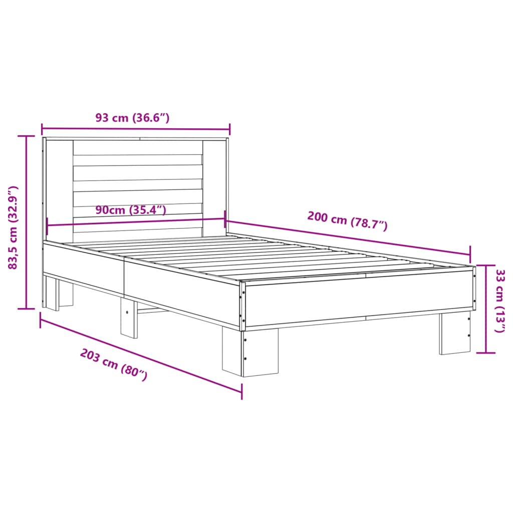 Bedframe bewerkt hout en metaal zwart 90x200 cm - AllerleiShop