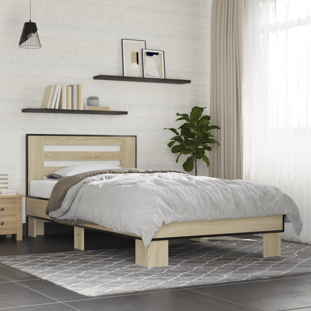 Bedframe bewerkt hout en metaal sonoma eikenkleurig 90x200 cm - AllerleiShop