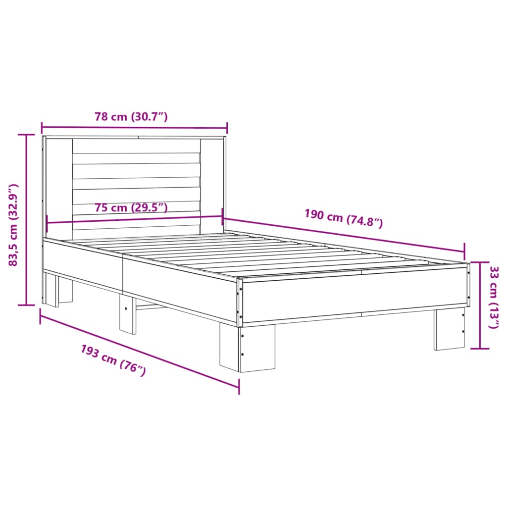 Bedframe bewerkt hout en metaal zwart 75x190 cm - AllerleiShop