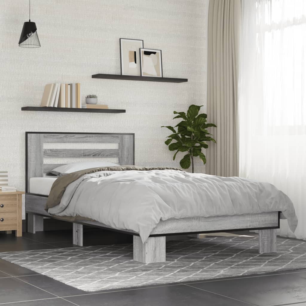 Bedframe bewerkt hout en metaal grijs sonoma eiken 75x190 cm - AllerleiShop