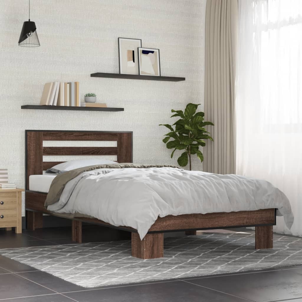 Bedframe bewerkt hout en metaal bruin eikenkleurig 75x190 cm - AllerleiShop