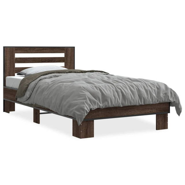 Bedframe bewerkt hout en metaal bruin eikenkleurig 75x190 cm - AllerleiShop