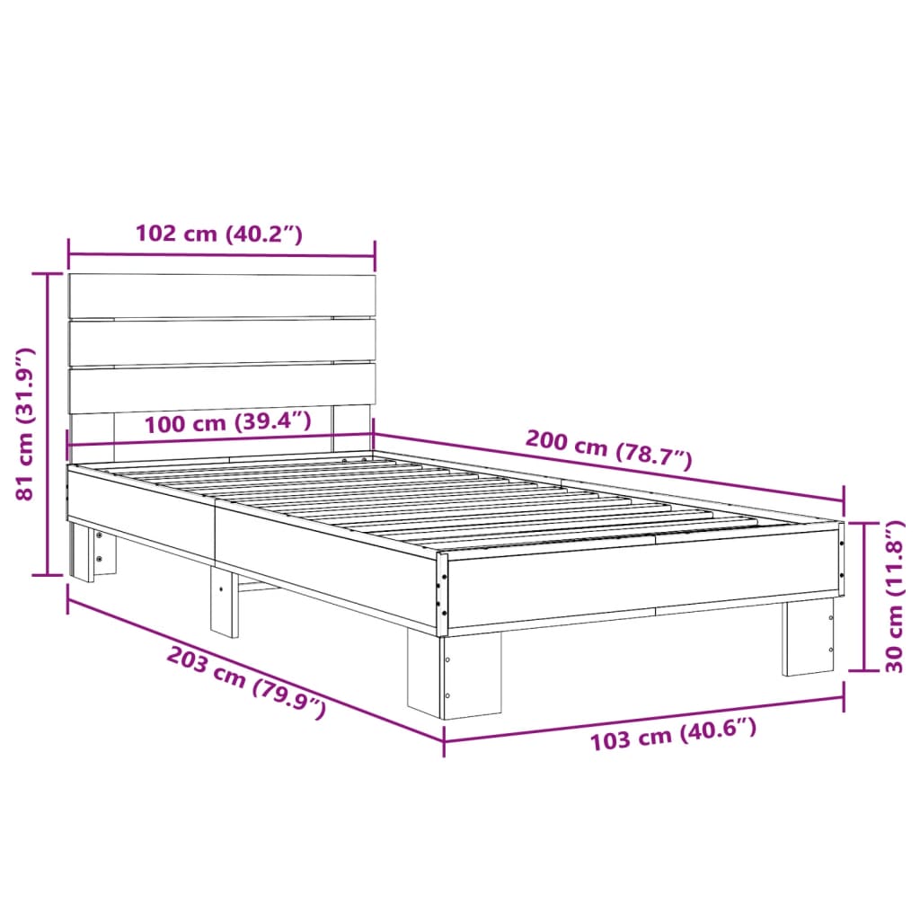 Bedframe bewerkt hout en metaal sonoma eikenkleurig 100x200 cm