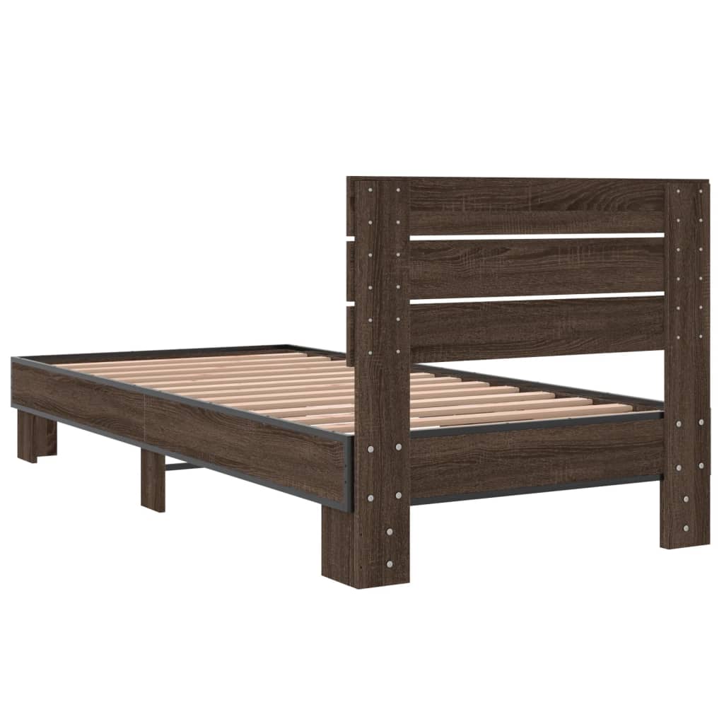 Bedframe bewerkt hout en metaal bruin eikenkleurig 100x200 cm - AllerleiShop