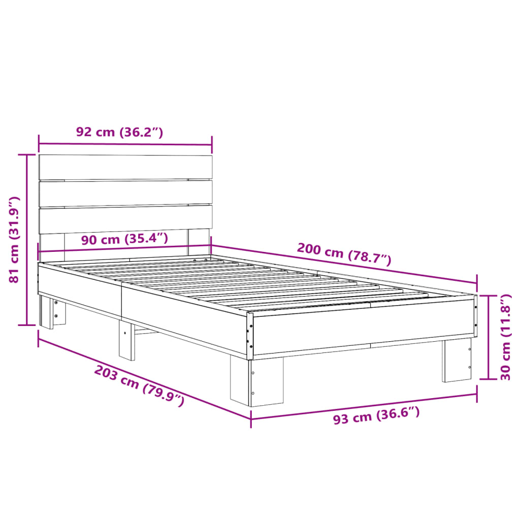 Bedframe bewerkt hout en metaal zwart 90x200 cm - AllerleiShop