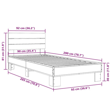Bedframe bewerkt hout en metaal grijs sonoma eiken 90x200 cm