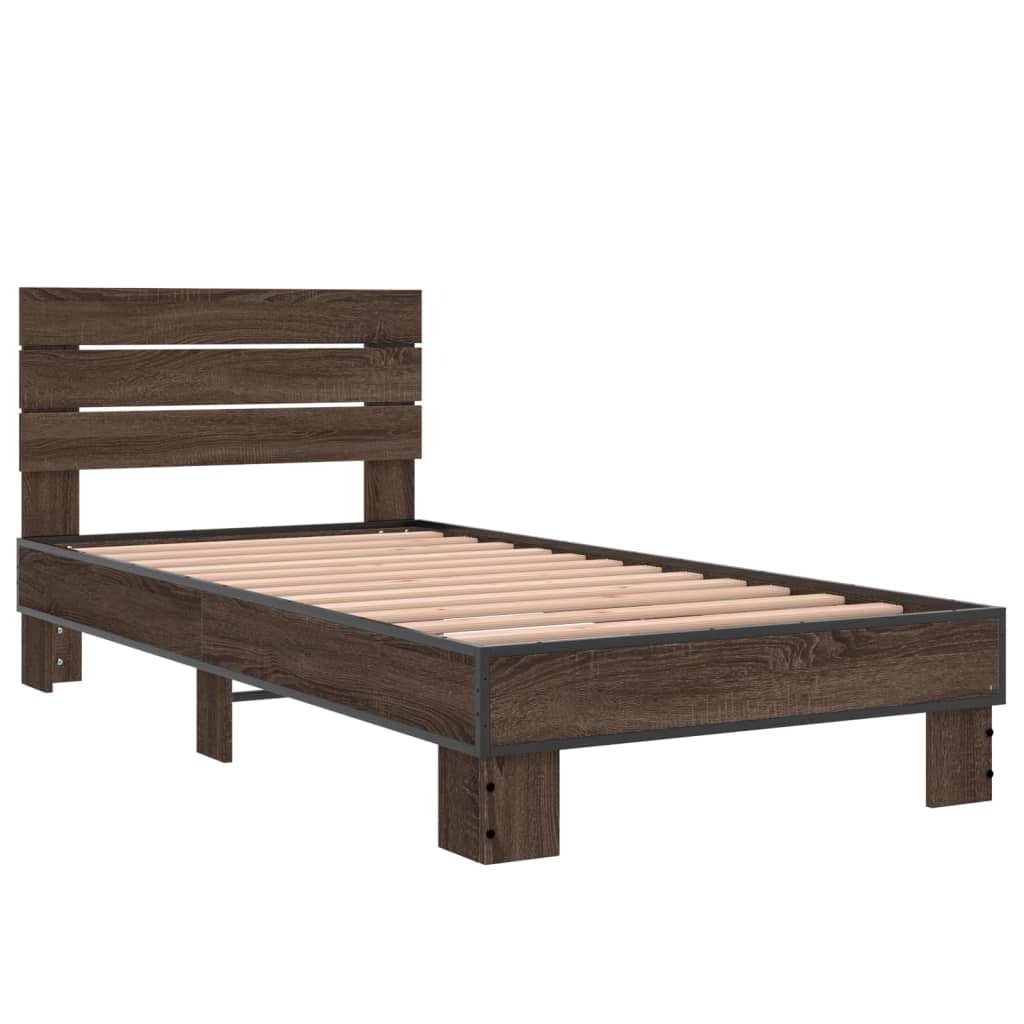 Bedframe bewerkt hout en metaal bruin eikenkleurig 75x190 cm - AllerleiShop