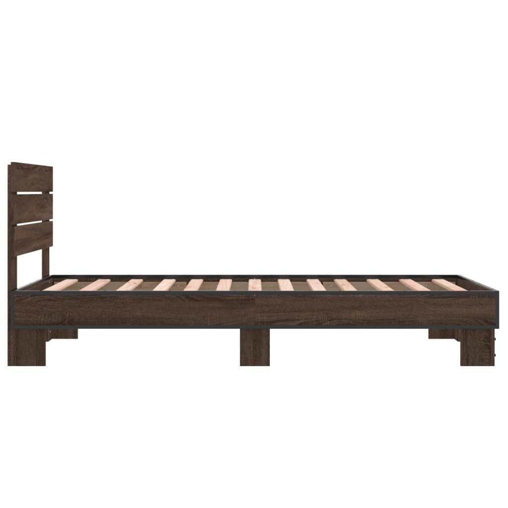 Bedframe bewerkt hout en metaal bruin eikenkleurig 75x190 cm - AllerleiShop