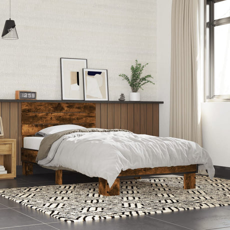 Bedframe bewerkt hout en metaal gerookt eikenkleurig 90x190 cm